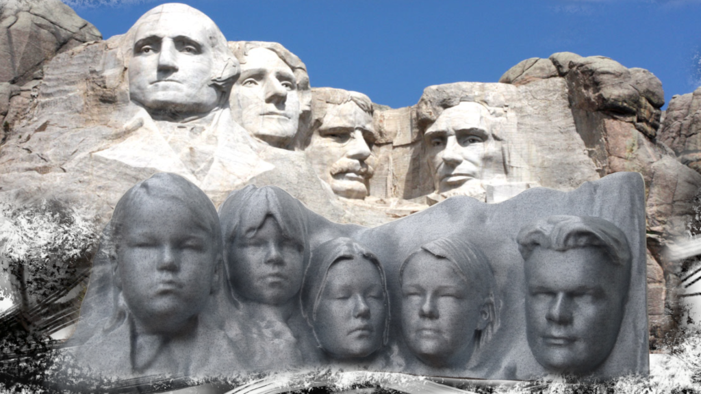 3D-mallinnos perheen kasvoista Mount Rushmoren kyljessä.